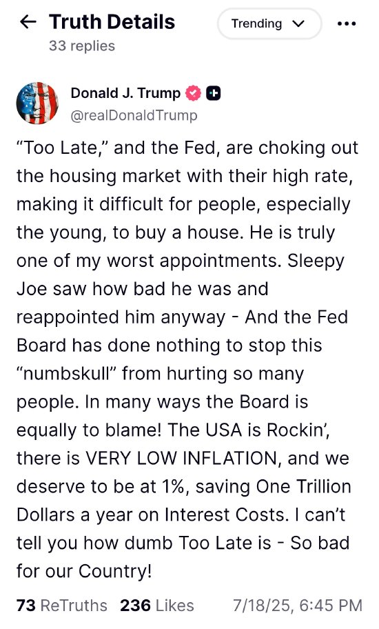 富明证券 特朗普指责美联储 “扼杀”美国楼市 呼吁降息至1%